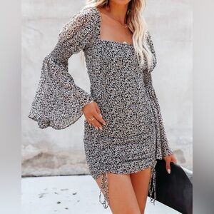 ACOA Vici Black White Floral Bell Sleeve Ruched Mini Dress